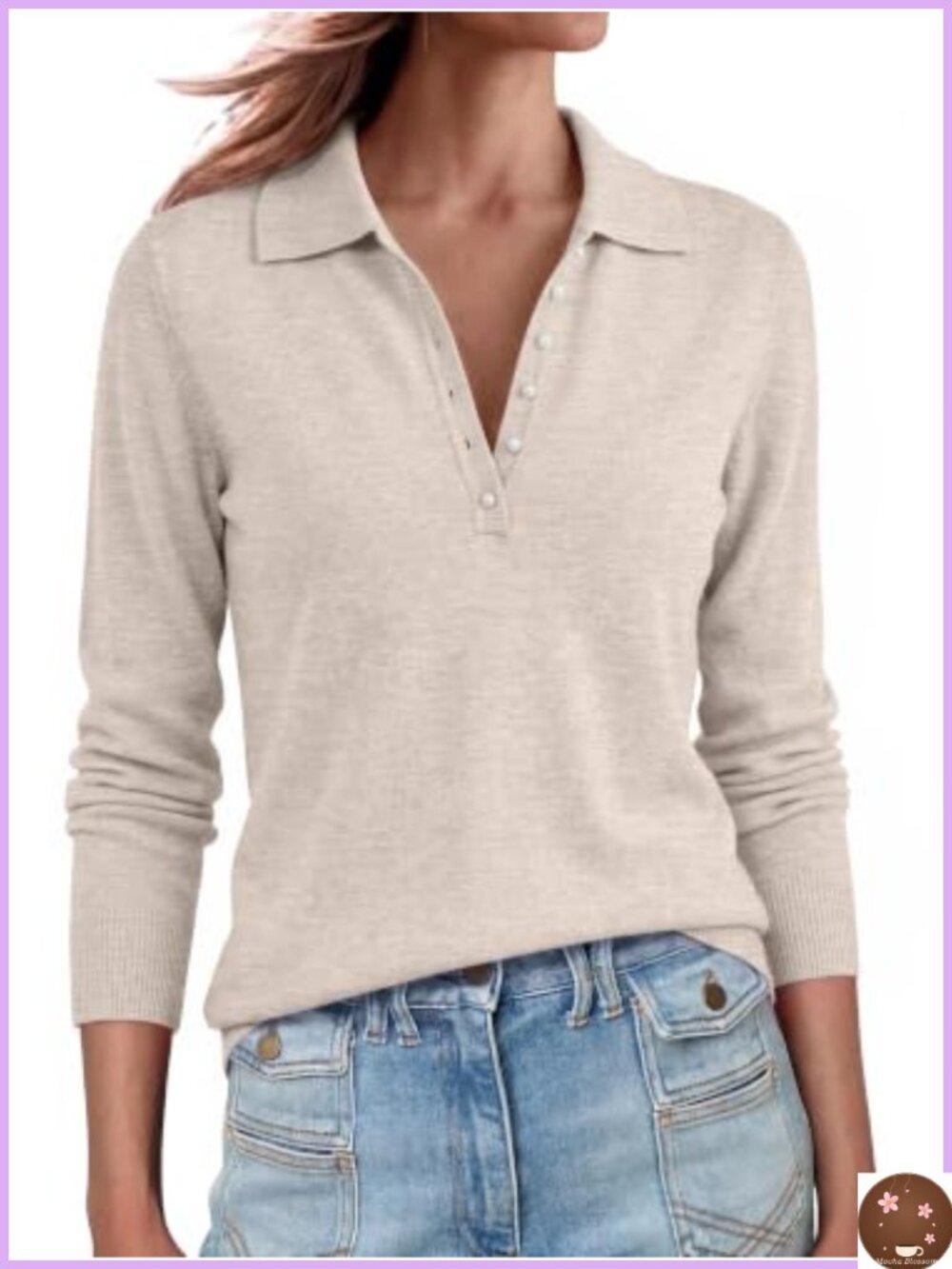 Long Sleeve Polo Sweater Pearl Button Lightweight Knit Pullover